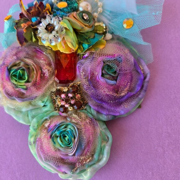 Handmade Pastel Rainbow Rose and Millinery Feather Crystal Hair Clip Romantic - Picture 3 of 10